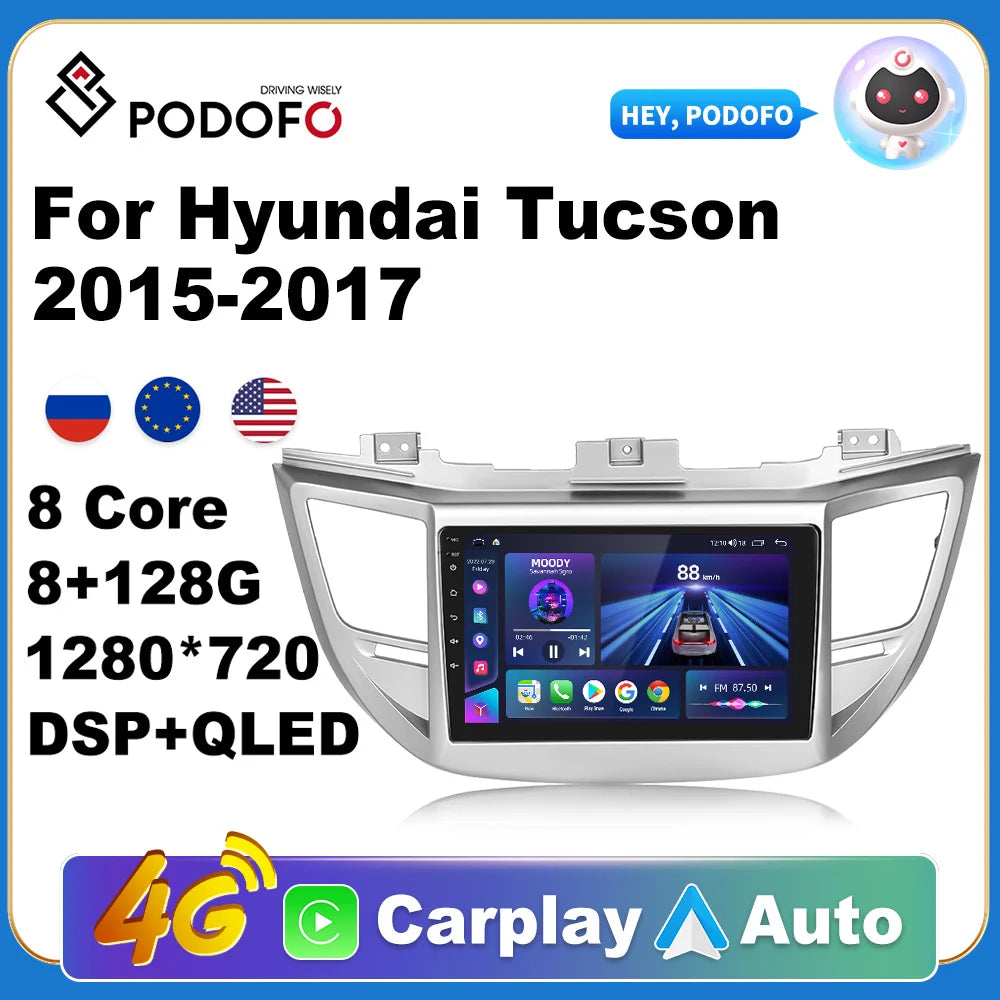 Podofo Car Android CarPlay Radio Multimedia Player For Hyundai Tucson 2015-2017 2 Din Autoradio Video AI Voice GPS Navi 4G WiFi