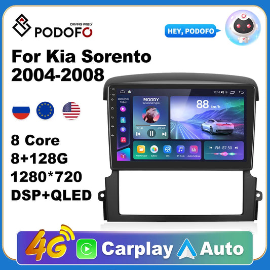 Podofo Car Android CarPlay Radio Multimedia Player For Kia Sorento 2004-2008 2 Din Autoradio Video AI Voice GPS Navi 4G WiFi