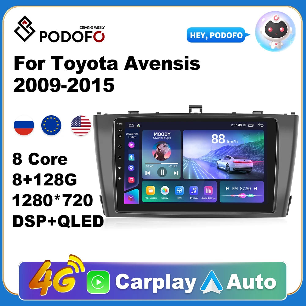 Podofo AI Voice Android Carplay Car Radio For Toyota Avensis 2009-2015 2 Din Android Auto 4G Multimedia Navigation GPS Autoradio