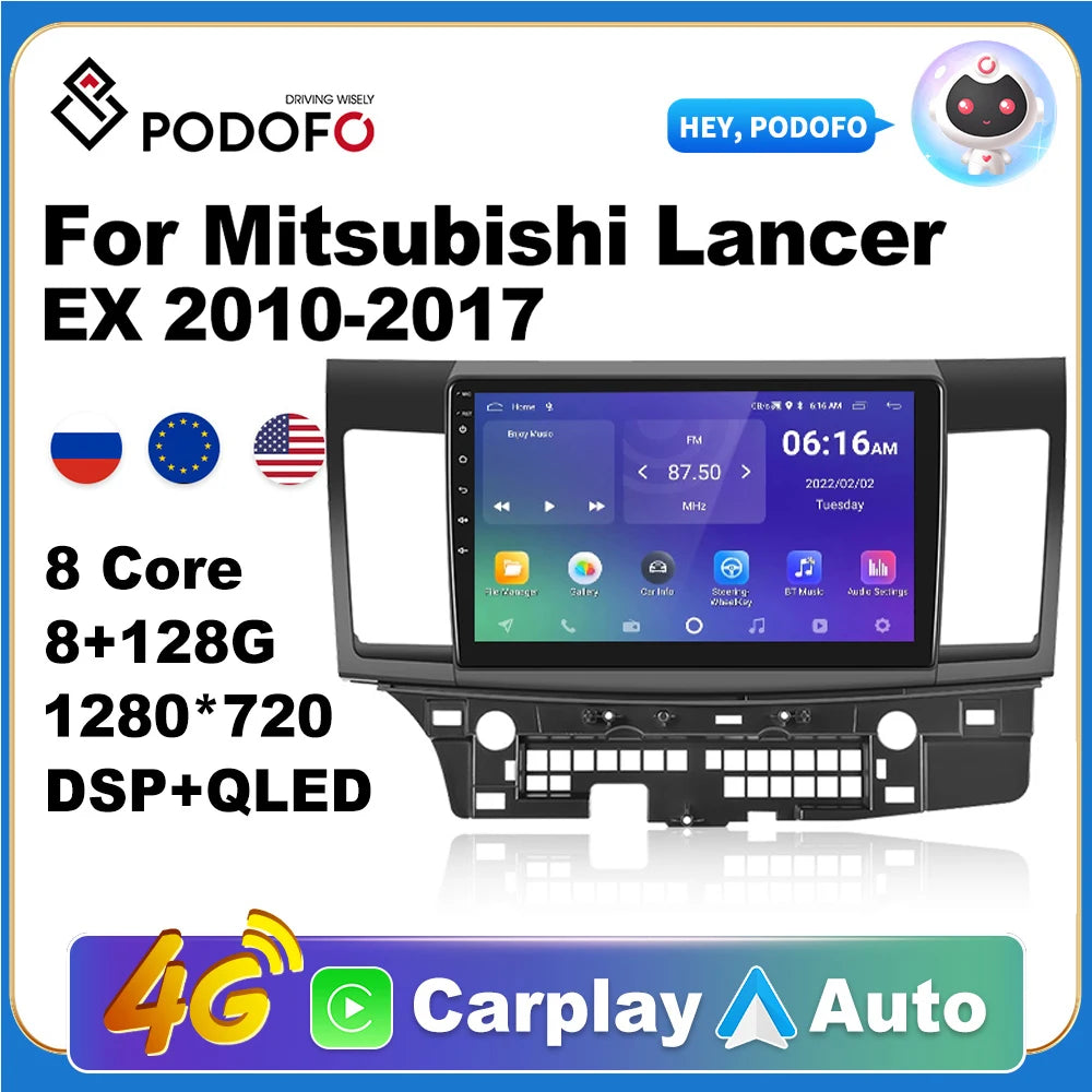 Podofo AutoRadio 2Din Android Radio Carplay For Mitsubishi Lancer EX 2010-2017 Low Profile 2004-2009 AI Voice 4G GPS Car Player