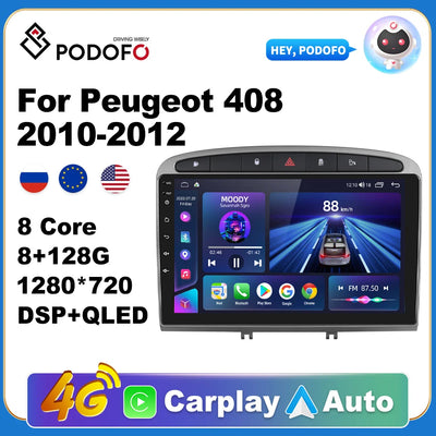 Podofo AI Voice Android Carplay Car Radio For Peugeot 408 2010-2012 2din Android Auto 4G Multimedia Navigation GPS Autoradio DSP