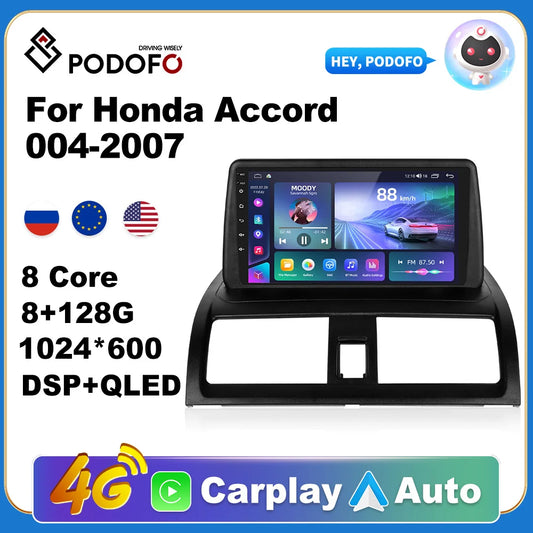 Podofo AI Voice Carplay Car Radio For Honda Accord 2004-2007 Android Auto 4G Multimedia GPS 2 Din Autoradio DSP