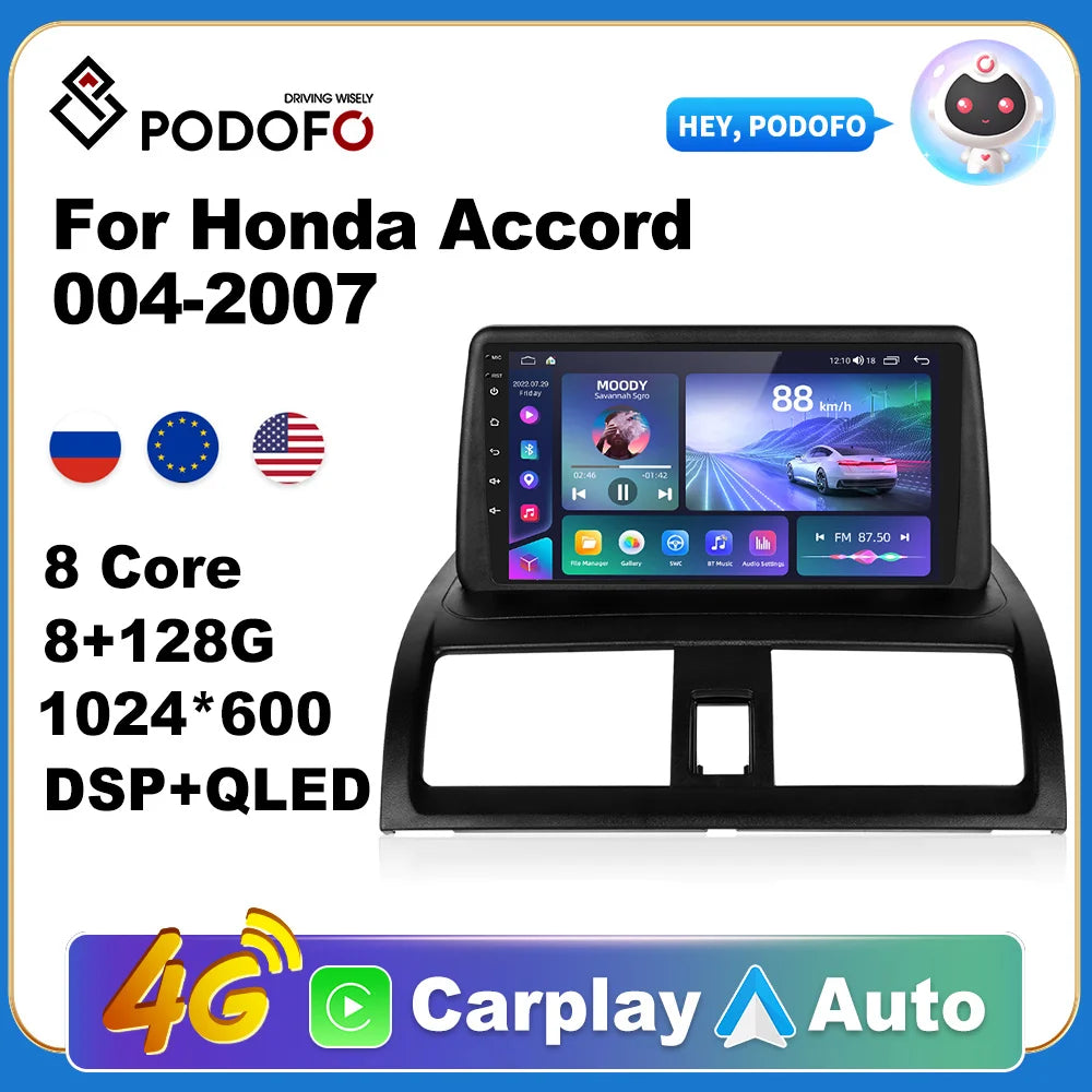 Podofo AI Voice Carplay Car Radio For Honda Accord 2004-2007 Android Auto 4G Multimedia GPS 2 Din Autoradio DSP