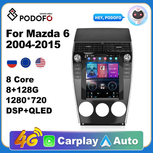 Podofo Car Android CarPlay Radio Multimedia Player For Mazda 6 2004-2015 2 Din Autoradio Video AI Voice GPS Navi 4G WiFi