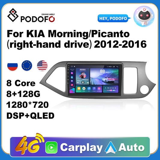 Podofo Car Android CarPlay Radio Multimedia Player For KIA morning/picanto 2012-2016 2 Din Autoradio Video AI Voice GPS Navi 4G