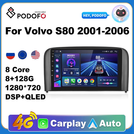 Podofo 4G WIFI For Volvo S80 2001-2006 Car Radio Multimedia Video Player Navigation GPS Auto Carplay 2 din Android 10 DVD