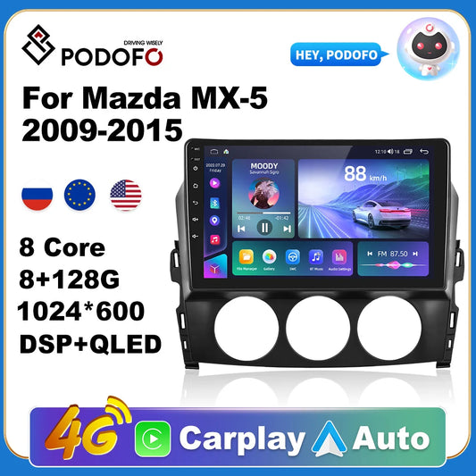 Podofo AI Voice Android Carplay Car Radio For Mazda MX-5 2009-2015 2din Android Auto 4G Multimedia Navigation GPS Autoradio DSP