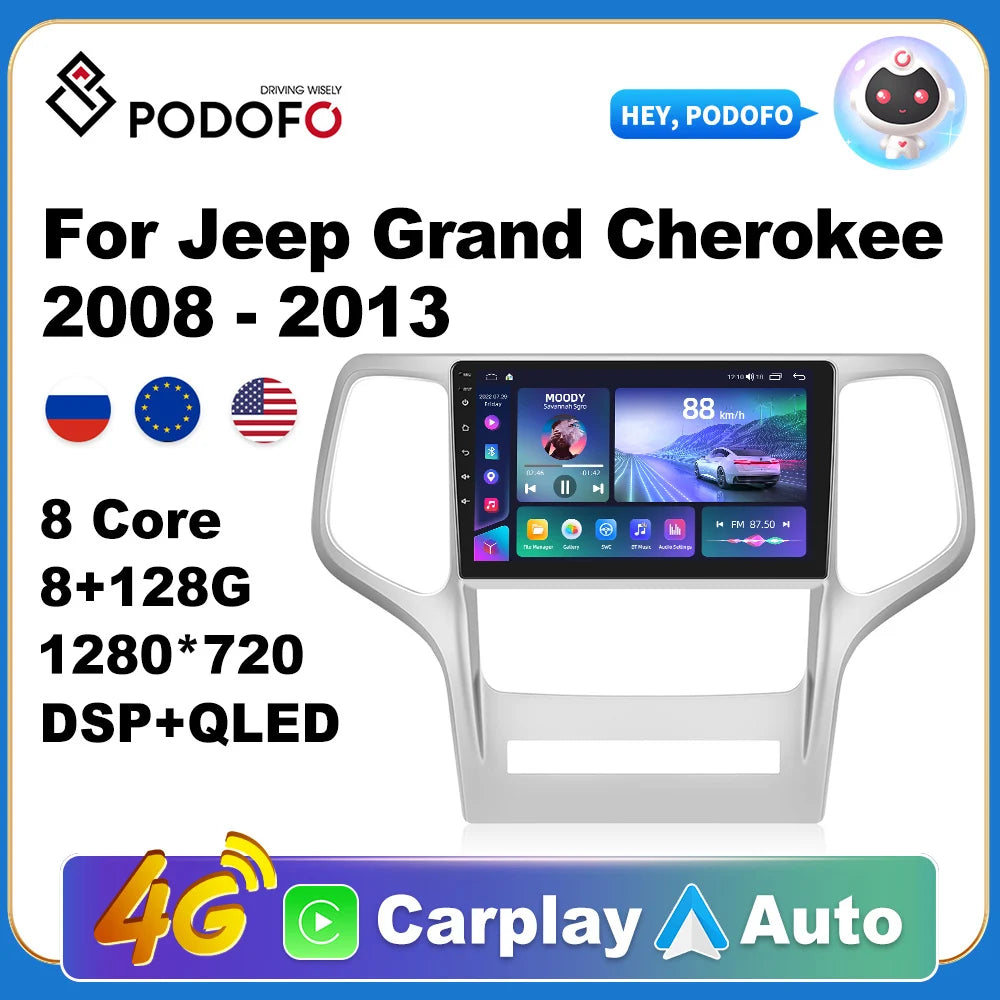 Podofo 9'' Android 11 Car Radio Autoradio For Jeep Grand Cherokee 2008 - 2013 Multimedia Player Carplay WIFI DSP Radio 2 Din