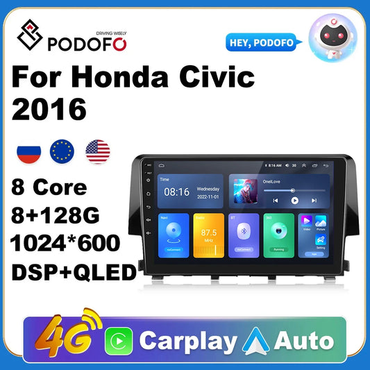 Podofo Android 11 Car Multimedia Player For Honda Civic 2016 Car Stereo Radio GPS 2 din DVD Navigation Carplay DSP