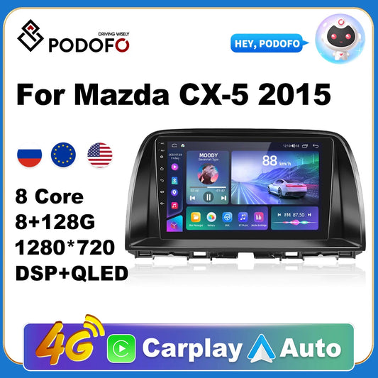 Podofo Car Android Carplay Radio Multimedia Player For Mazda CX-5 2015 2 Din Autoradio Video AI Voice GPS Navi 4G WiFi