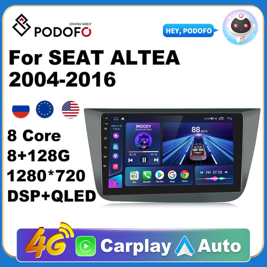 Podofo Carplay DSP RDS 2din Android 11 Car Radio Multimedia Video Player Navigation GPS For SEAT ALTEA 2004-2016  4G