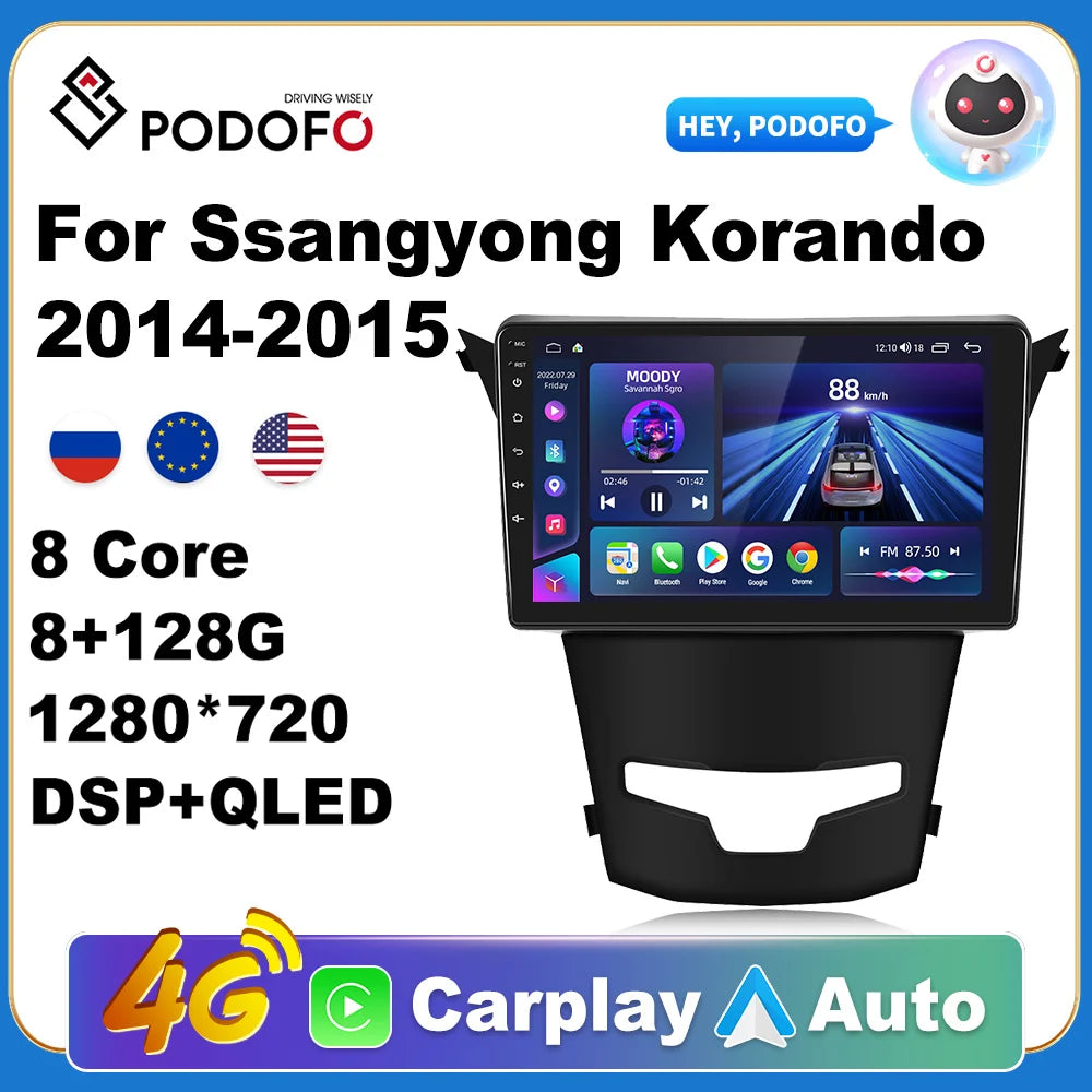 Podofo Car Android CarPlay Radio Multimedia Player For Ssangyong Korando 2014-2015 2 Din Autoradio Video AI Voice 4G WiFi