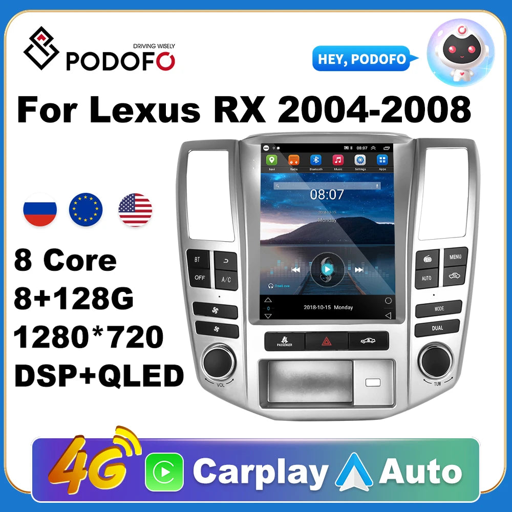 Podofo Android 11 Car Radio for Lexus RX 2004-2008 Multimedia Video Player GPS 2din Carplay Auto AI Voice Stereo DVD Head Unit