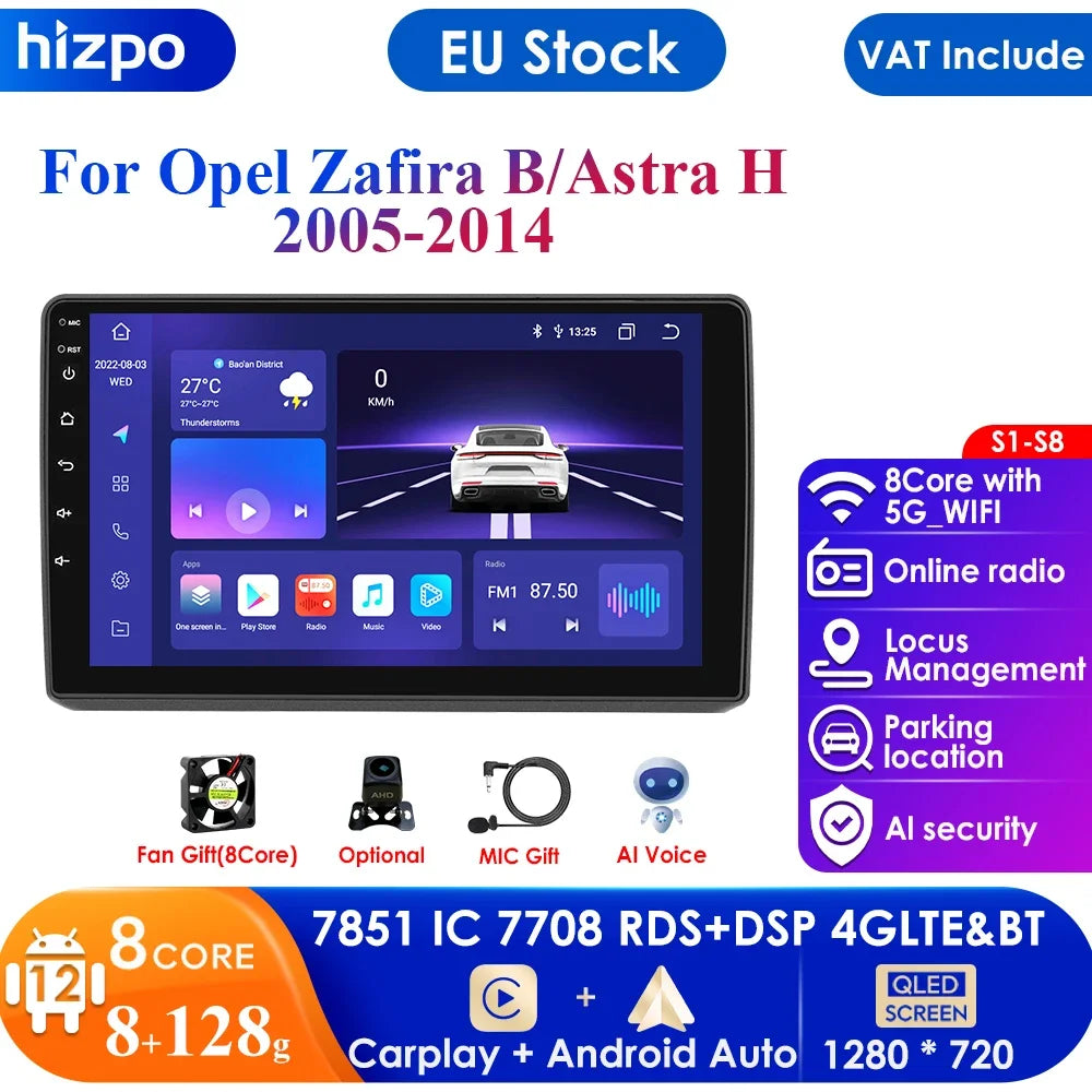 For Opel Astra H 2004-2014 Zafira B 2Din Android 12 Car Radio Multimedia Video Player 4G-LTE Carplay AI HeadUnit Autoradio Audio