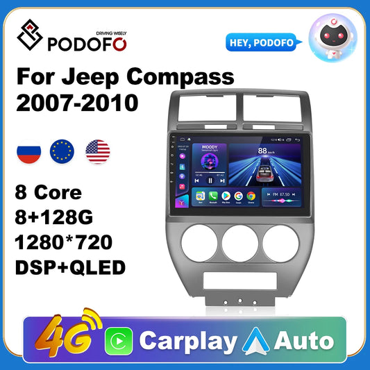 Podofo 2 din Car Android CarPlay Radio Multimedia Player For Jeep Compass 2007-2010 2 Din Autoradio AI Voice GPS Navi 4G WiFi