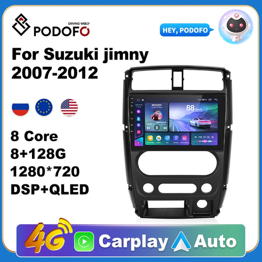 Podofo AI Voice Android Carplay Car Radio For Suzuki jimny 2007-2012 2din Android Auto 4G Multimedia Navi GPS autoradio DSP