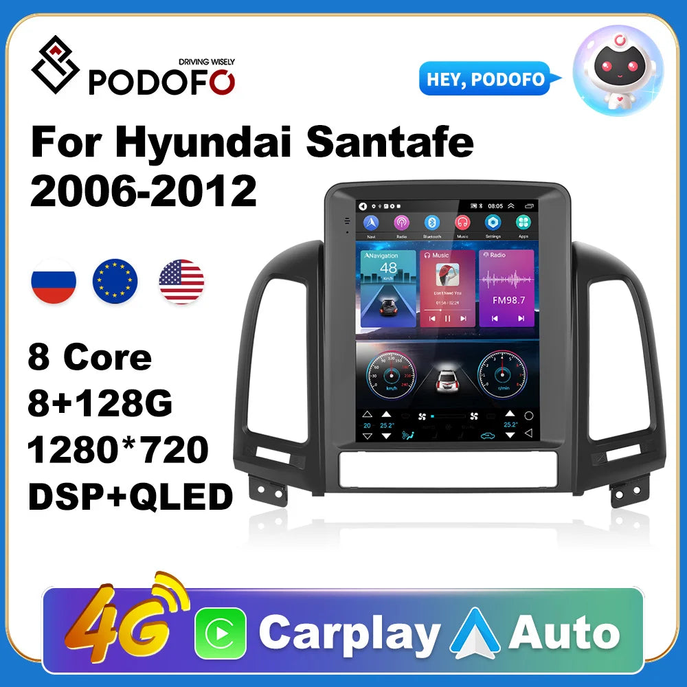 Podofo Car Android CarPlay Radio Multimedia Player For Hyundai Santafe 2006-2012 2 Din Autoradio Video AI Voice GPS Navi 4G WiFi