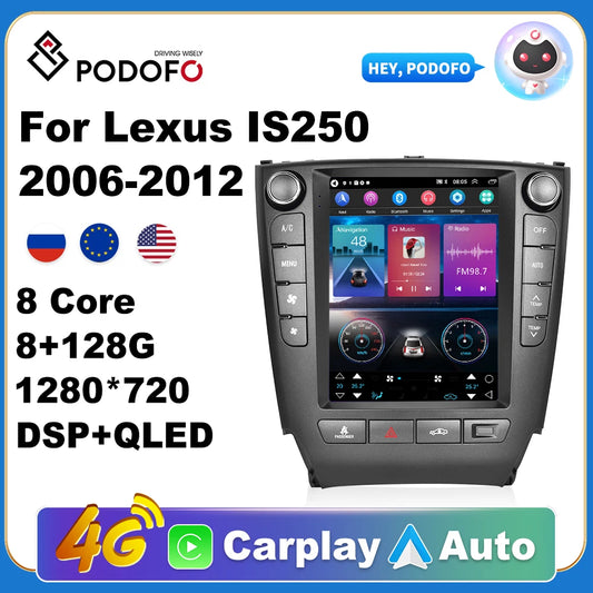 Podofo AI Voice Android Carplay Car Radio For Lexus IS250 2006-2012 2din Android Auto 4G Multimedia Navigation GPS autoradio DSP