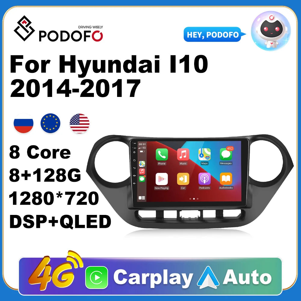 Podofo AutoRadio 2Din Android Radio Carplay For Hyundai I10 2014-2017 AI Voice 4G GPS Car Multimedia Video Player Stereo 2din