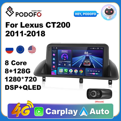 Podofo 2 din Car Android CarPlay Radio Multimedia Player For Lexus CT200 2011-2018 Autoradio AI Voice GPS Navi 4G WiFi