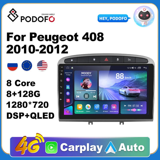 Podofo Car Android CarPlay Radio Multimedia Player For Peugeot 408 2010-2012 2 Din Autoradio Video AI Voice GPS Navi 4G WiFi