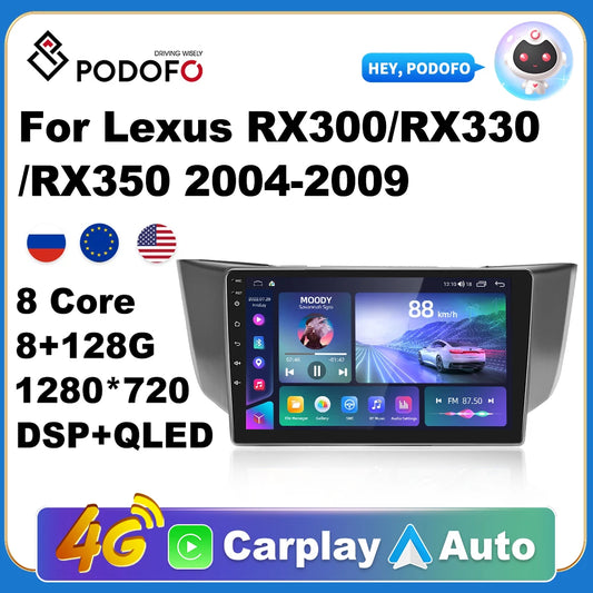 Podofo Car Android Carplay Radio Multimedia Player For Lexus RX300/RX330/RX350 2004-2009 2 Din Autoradio Video AI Voice GPS Navi