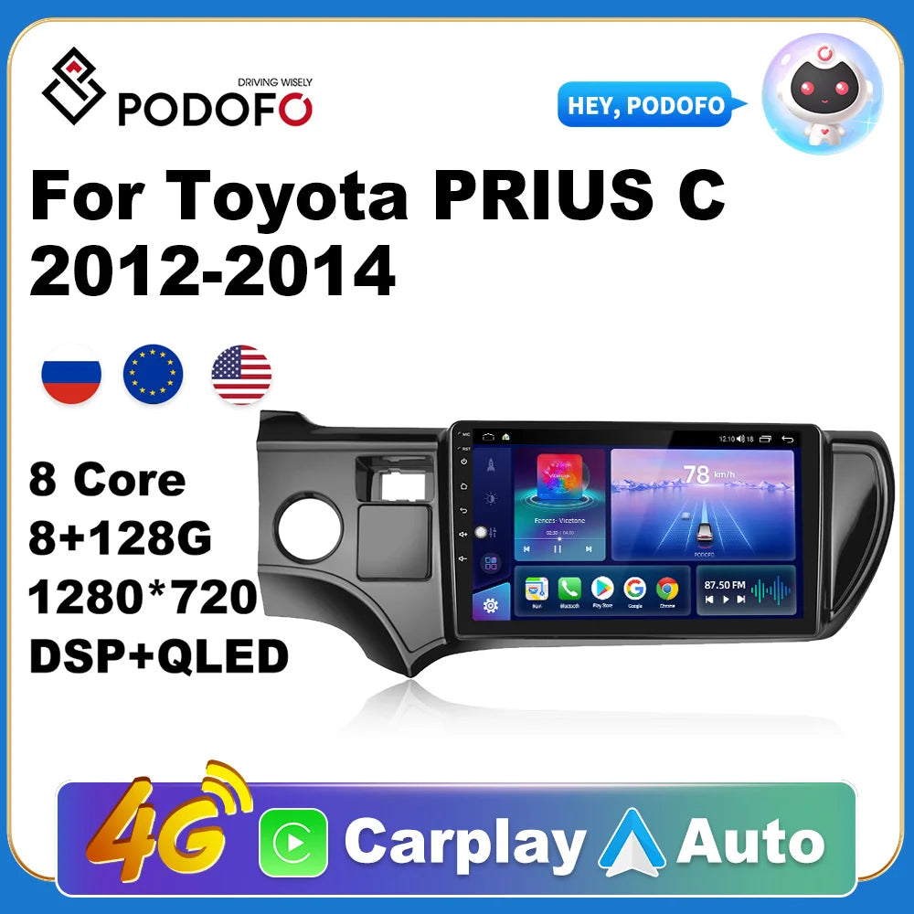 Podofo Car Android CarPlay Radio Multimedia Player For Toyota PRIUS C 2012-2014 2 Din Autoradio Video AI Voice 4G WiFi