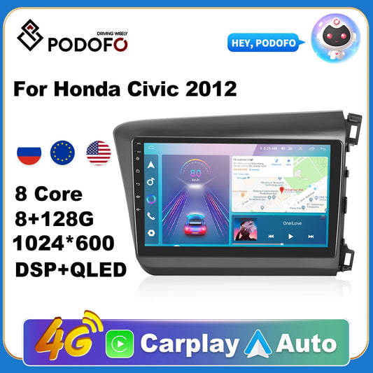 Podofo AI Voice Android Carplay Car Radio For Honda Civic 2012 2din Android Auto 4G Multimedia Navigation GPS autoradio DSP