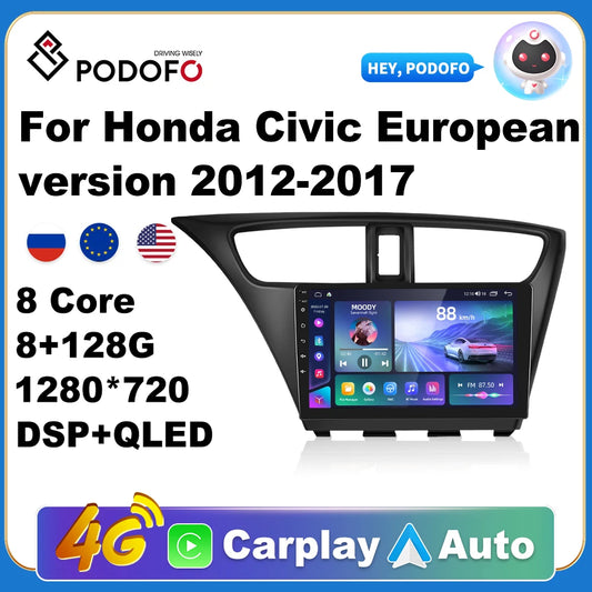 Podofo Car Android Carplay Radio Multimedia Player For Honda Civic 2012-2017 2 Din Autoradio Video AI Voice GPS Navi 4G WiFi