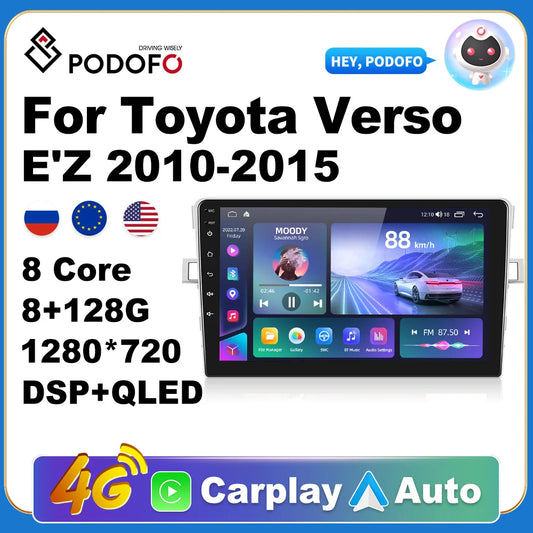 Podofo Android 10 Car Radio Player For Toyota Verso E'Z 2010-2015 GPS Navigation Autoradio Stereo Carplay Ai Voice 4G DSP WIFI