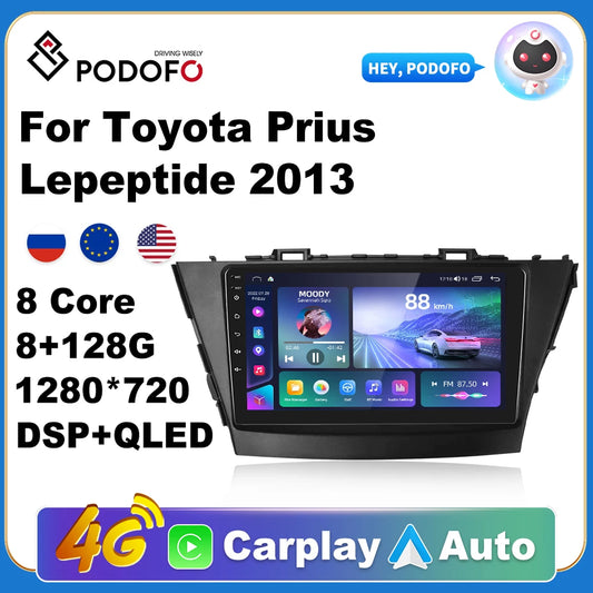 Podofo AI Voice Android Carplay Car Radio For Toyota Prius 2013 2din Android Auto 4G Multimedia Navigation GPS autoradio DSP